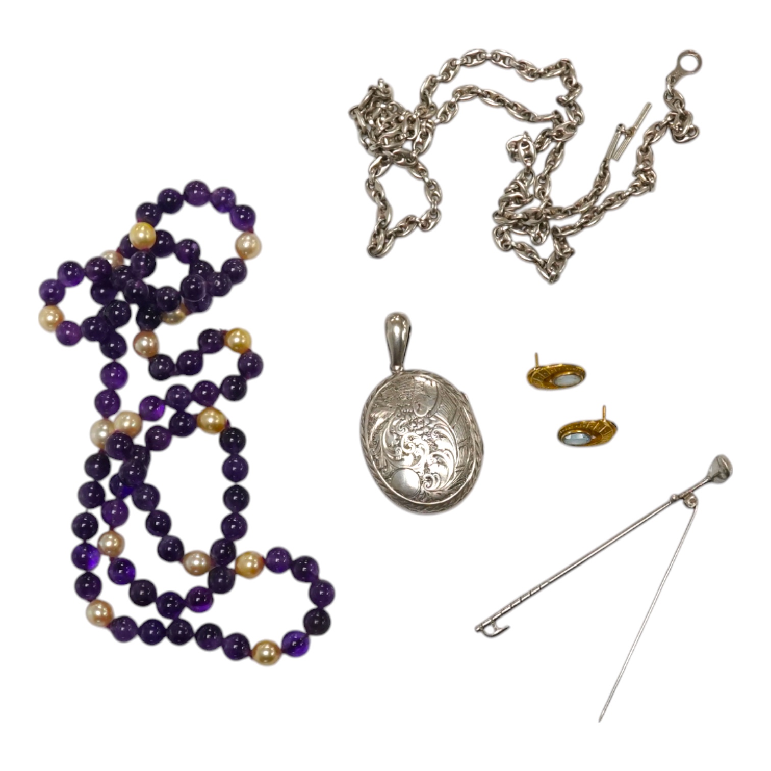 A recent single strand amethyst and cultured pearl bead necklace, 70cm, an engraved oval white metal locket and a 925 chain, a pair of paste set metal earrings and a sterling golf club bar brooch. Condition - fair to goo